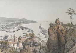 Port de Nice : vue prise de la hauteur de l'ancien Château (Alpes-maritimes) : [estampe] / Felix Benoist del. Eug. Ciceri lith. Fig. par Bayot | Benoist, Félix (1818-1896). Auteur